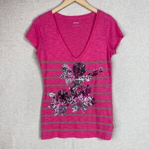 Vintage Y2K Express Womens Sequin Deep Vneck Top Size Small Pink Striped Glam